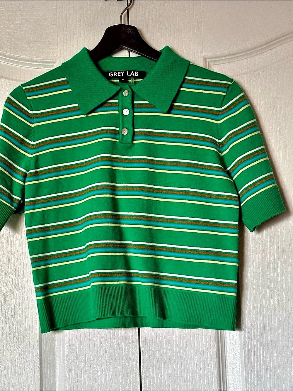 GREY LAB Multi Stripe Short Sleeve Polo Sweater Green & White XS
